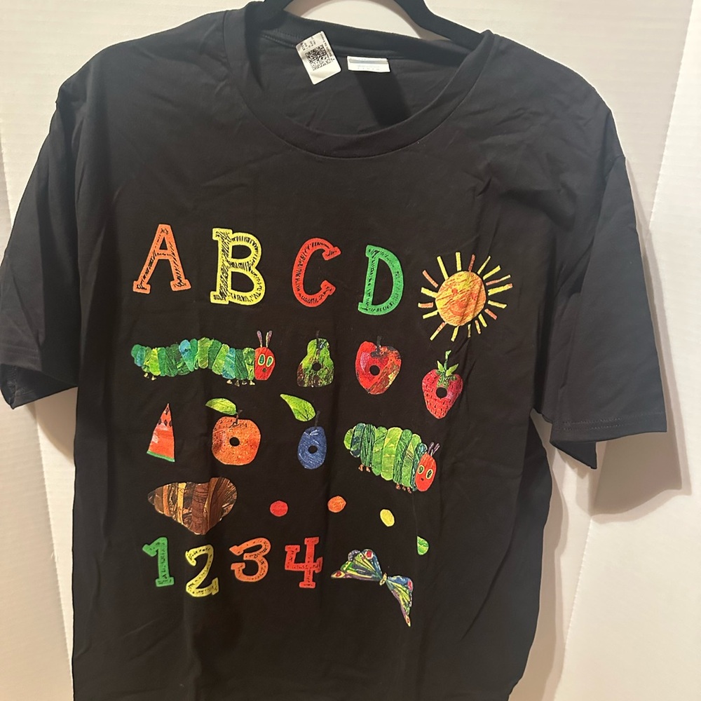 Black Hungry Caterpillar 🐛 T-Shirt with Colorful ABCD Design